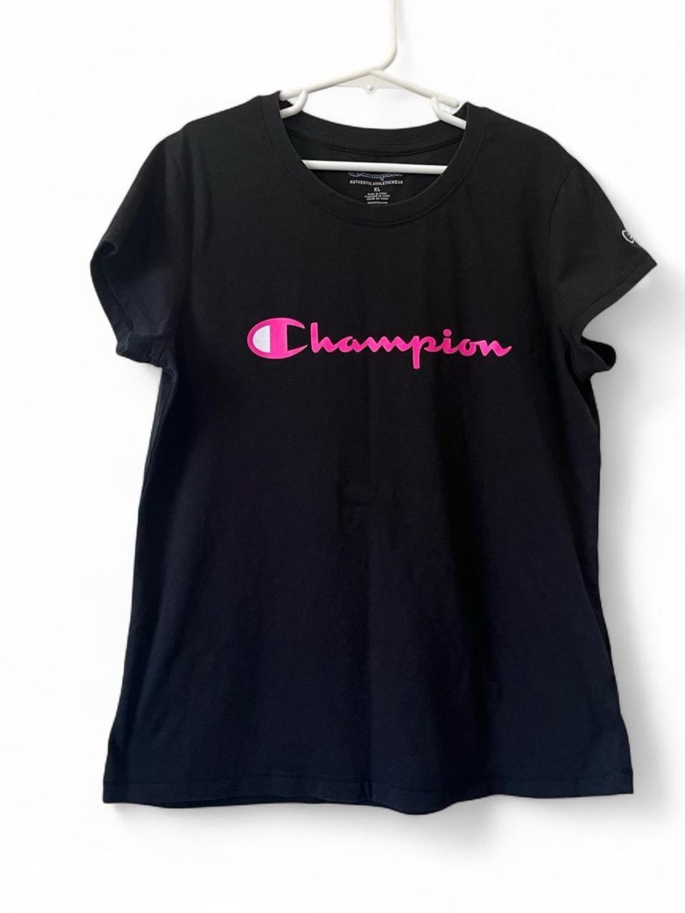 Girls XL Champion Black Short Sleeve Athletic Activewear Logo Graphic T-Shirt